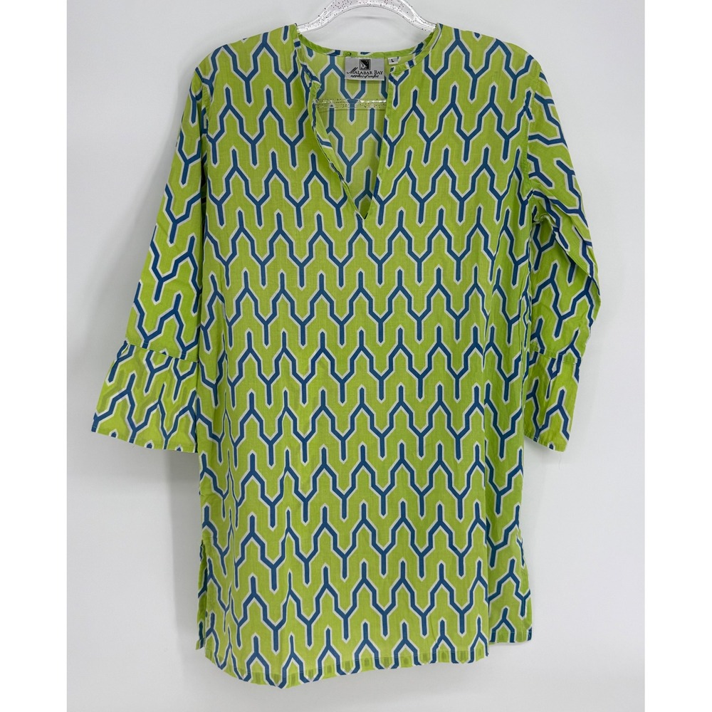 Malabar Bay Women Organic Cotton Tunic Geometric Lime Green Blue 3/4 Sleeve Sz L